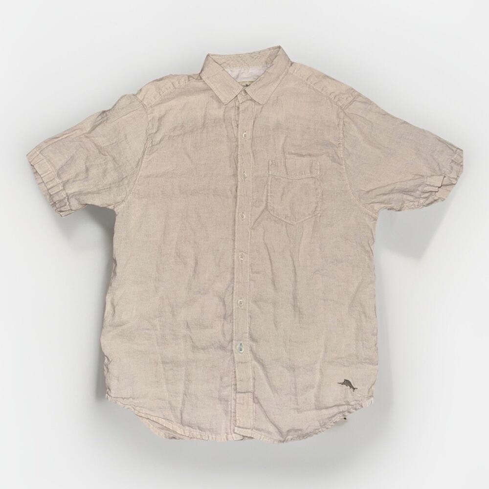 Tommy Bahama Linen Short Sleeve Button Shirt Tan Small 100% Linen 19x27